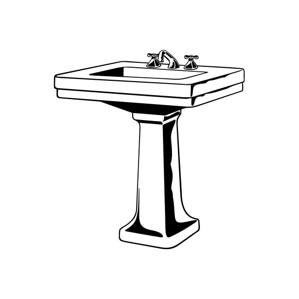 Sink decal of wall-mounted faucet and rectangular sink, black line art outline