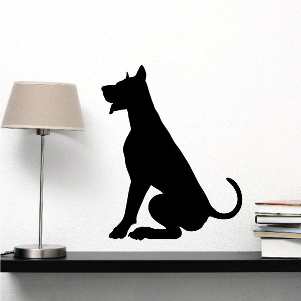 Sitting Doberman Pinscher decal, black silhouette with open mouth and tail curl