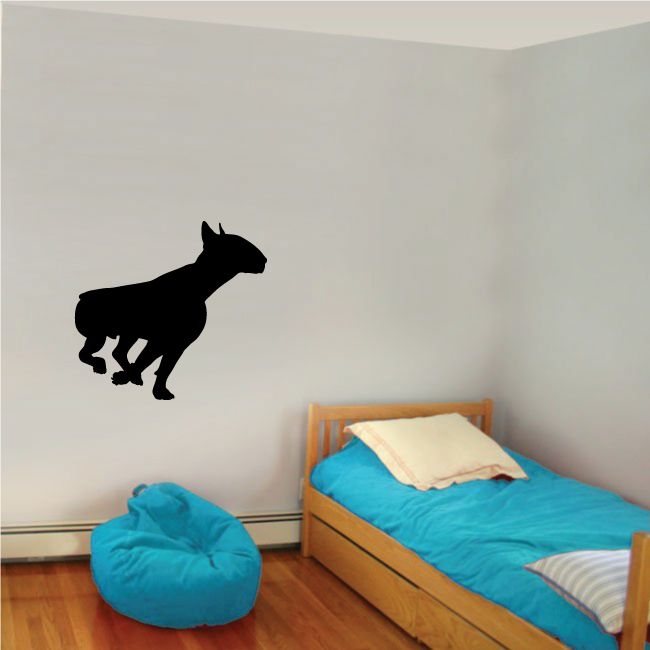 Sitting Bull terrier dog decal, black sitting dog silhouette with raised paws