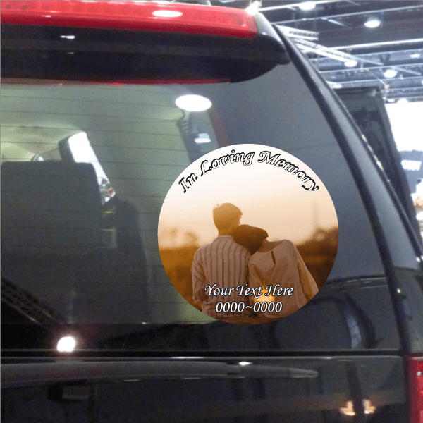 Round car window memorial sticker with couple silhouette and 'Your Text Here'
