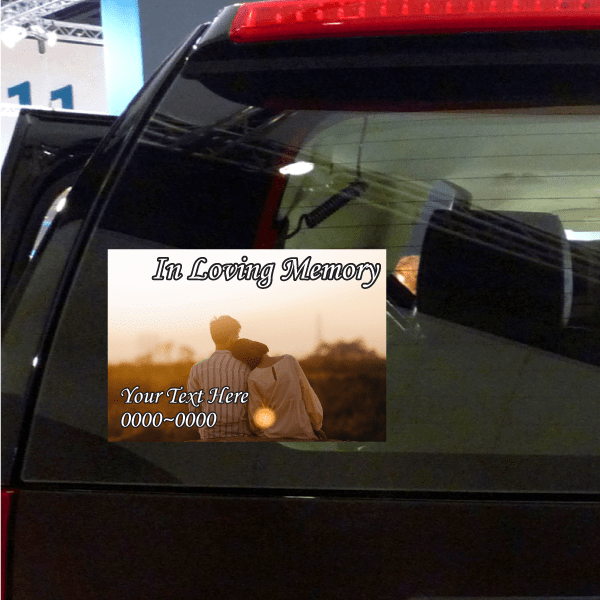 Memorial custom sticker: 'In Loving Memory', 'Your Text Here', sitting couple graphic