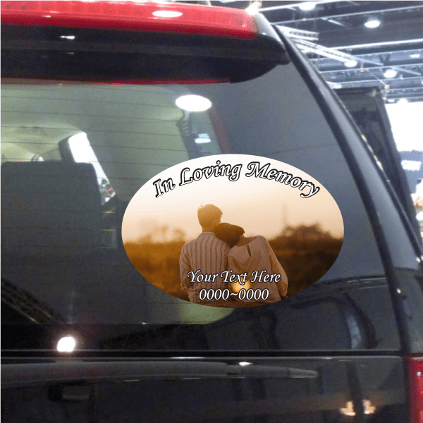 Car memorial sticker with hugging couple and In Loving Memory text, Your Text Here 0000-0000