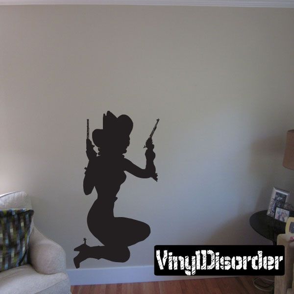 Sitting cowgirl silhouette wall decal, black, hat and boots, sitting pose.