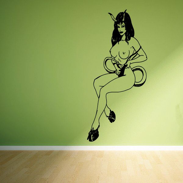 Sitting devil girl decal, black cartoon figure with horns and tail.