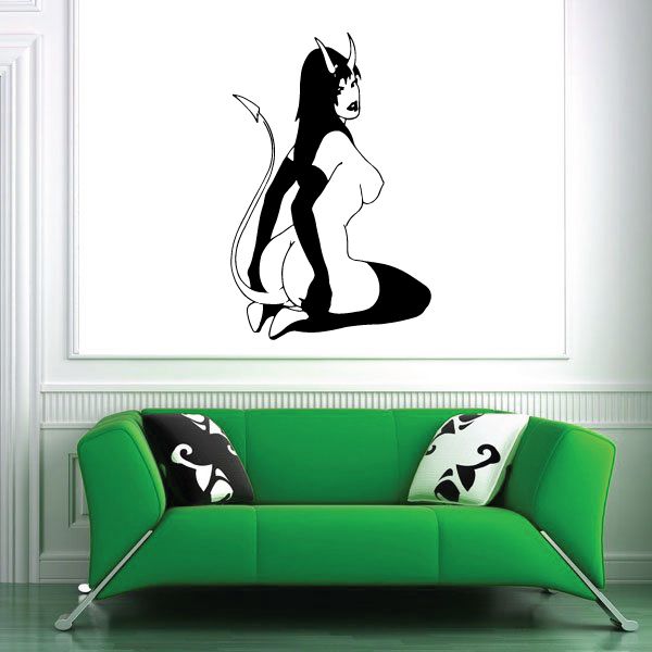 Sitting devil girl wall decal: black silhouette with horns, long tail, boots