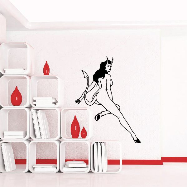Devil girl looking over shoulder wall decal, black silhouette with red flame accents