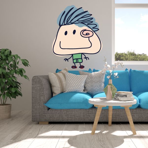 Cartoon blonde boy sticker with striped blue hair, sitting pose, blue shoes