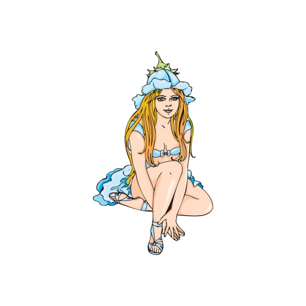 Sitting flower girl sticker of a seated cartoon girl with long blond hair and blue floral hat