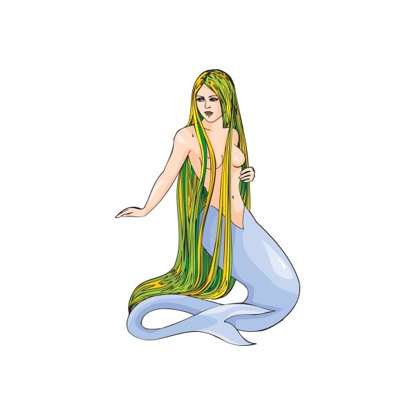 Sitting mermaid sticker with long green hair and light blue tail