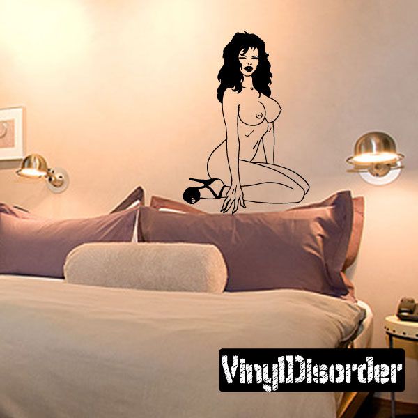 Sitting nude woman in high heels wall decal with black outline.