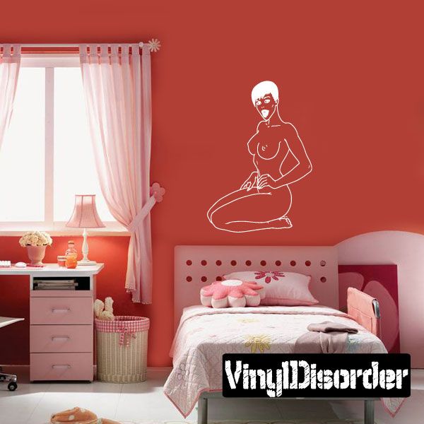 Sitting nude woman decal with short hair, minimal line-art outline