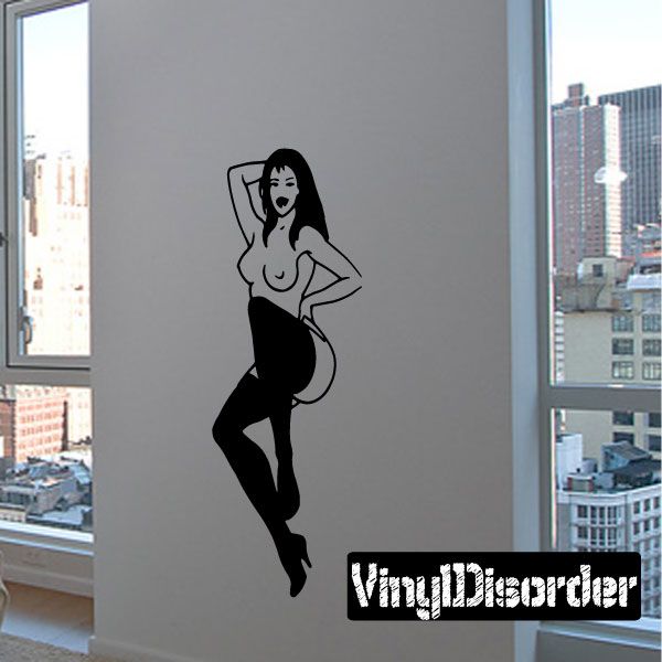 Woman silhouette decal in stockings and heels, hands on hips, sitting pose