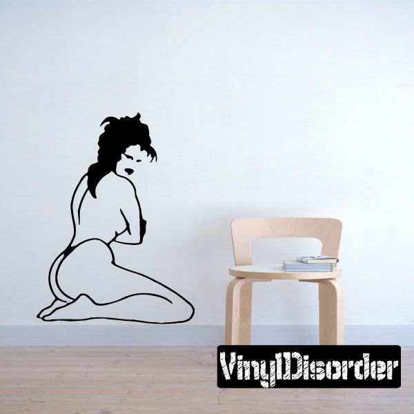 Sitting woman silhouette decal holding bikini top, black wall sticker