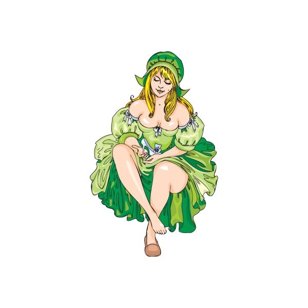 Seated woman sticker wearing green dress with puff sleeves and matching hat