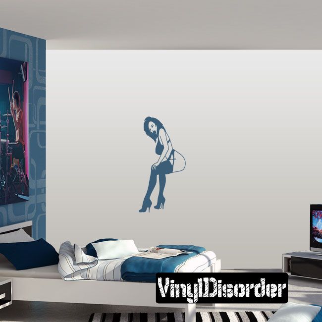 Sitting lingerie and heels wall decal, blue silhouette woman in heels and stockings