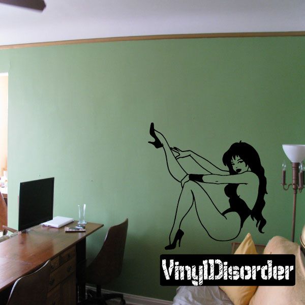 Seated woman lingerie and heels wall decal, long dress style outline with one leg raised