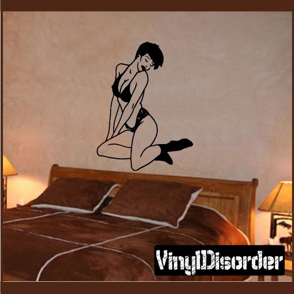 Seated lingerie and socks woman wall decal, black line art on light background