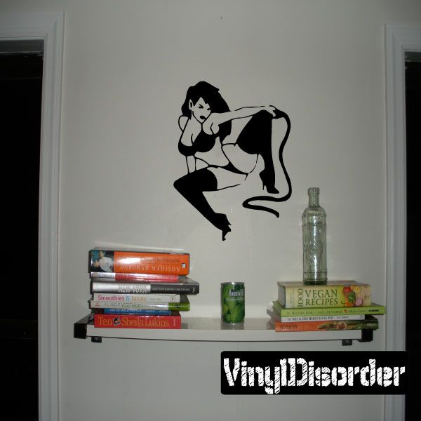 Seated lingerie wall decal with whip design, black graphic silhouette