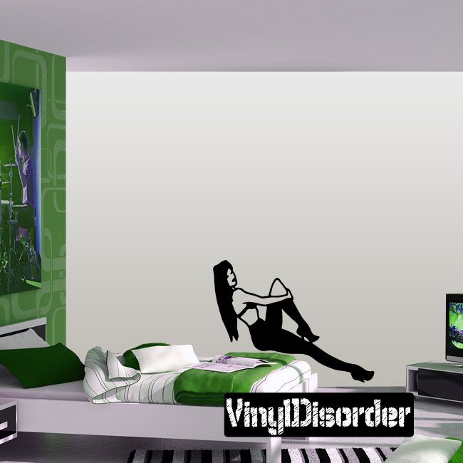 Black silhouette sitting woman decal, seated pose holding one knee