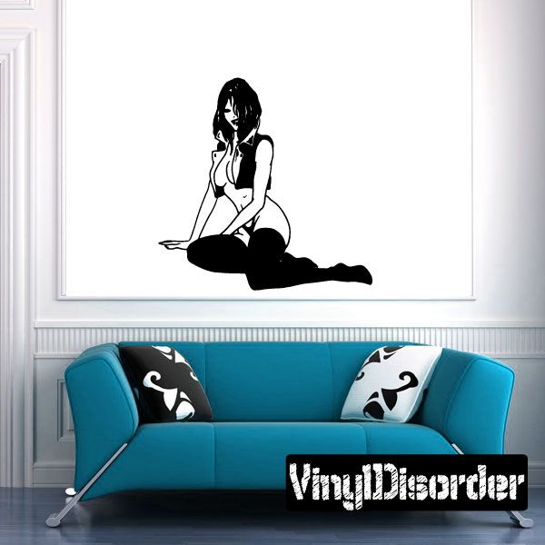 Sitting woman decal in black thigh-highs and open vest, seated pose