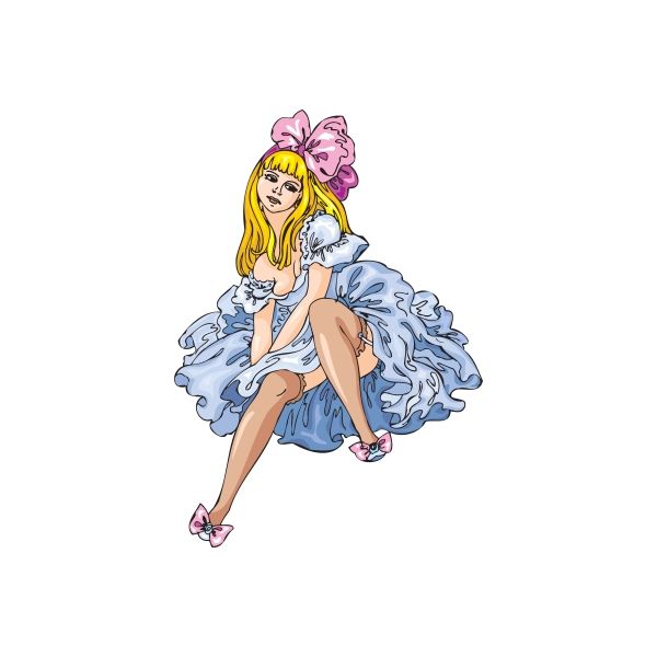 Sitting woman sticker with pink bow, long blonde hair, blue ruffled dress