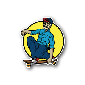 Skeleton skateboard vinyl sticker in blue hoodie on yellow circle