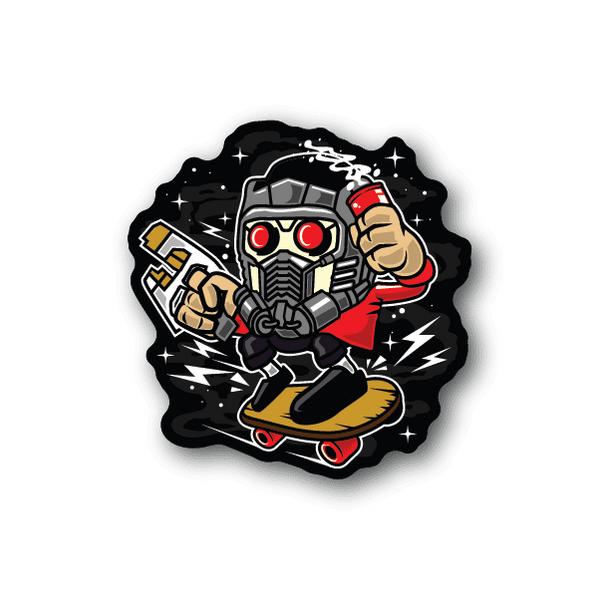 Skate Lord vinyl sticker of robot skater with red eyes and skateboard