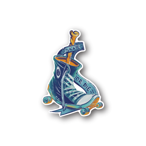 Skateboarding vinyl sticker of blue cartoon skater on a skateboard