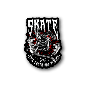 Vinyl sticker with skull and skeleton skate graphic, red and white lettering