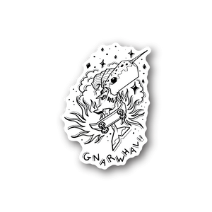 White skateboarding whale vinyl sticker with skateboard in ocean waves