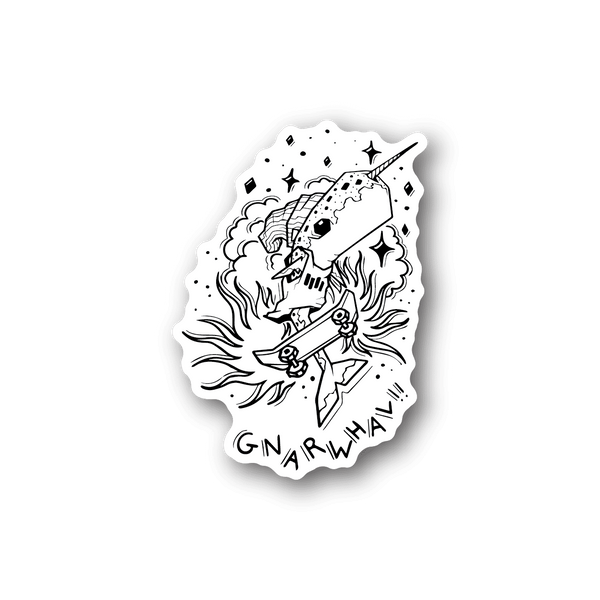 White skateboarding whale vinyl sticker with skateboard in ocean waves