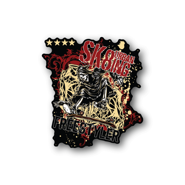 Vinyl skateboard sticker with grim reaper holding a skateboard, red and cream graphics