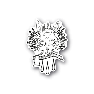 Rabbit vinyl sticker with white line-art face and hands on dark background.