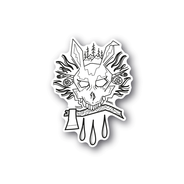 Rabbit vinyl sticker with white line-art face and hands on dark background.