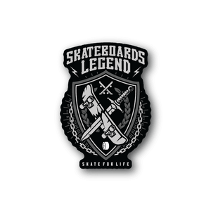 Legend skateboard vinyl sticker, black shield crest with skateboard, laurel, chains.