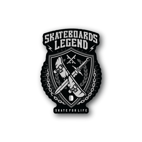 Legend skateboard vinyl sticker, black shield crest with skateboard, laurel, chains.