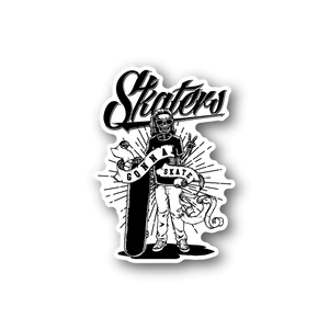 Skateboarding vinyl sticker with white cartoon skater graphic and bold script text