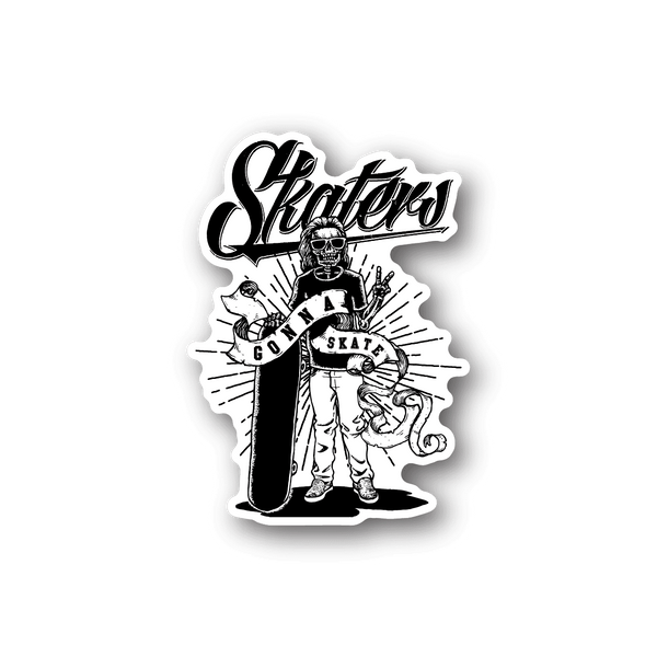 Skateboarding vinyl sticker with white cartoon skater graphic and bold script text