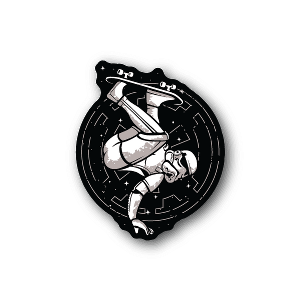 Skatetrooper skateboard vinyl sticker, black-and-white trooper skating design