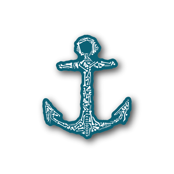 Skeleton bones anchor vinyl sticker with teal outline, skeletal figure and anchor