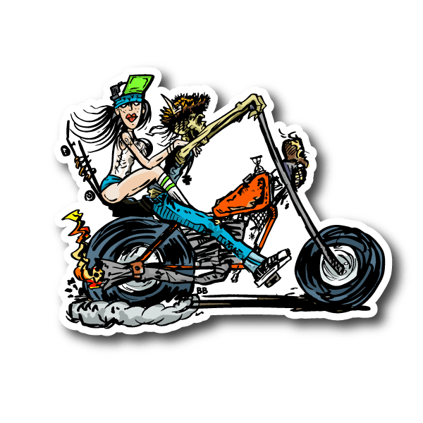 Vinyl sticker of a skeleton on a chopper motorcycle with orange engine