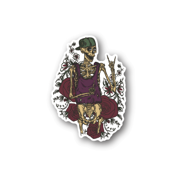 Vinyl sticker with skeleton man, green cap, purple outfit, and roses graphic
