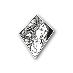 Vinyl sticker with black-and-white skeleton lady illustration in diamond frame