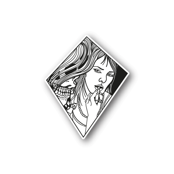 Vinyl sticker with black-and-white skeleton lady illustration in diamond frame