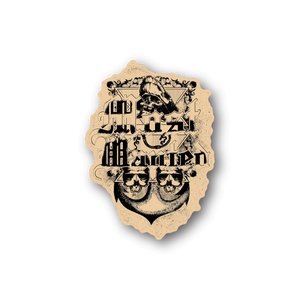 Skeleton most wanted vinyl sticker with two skulls and ornate lettering