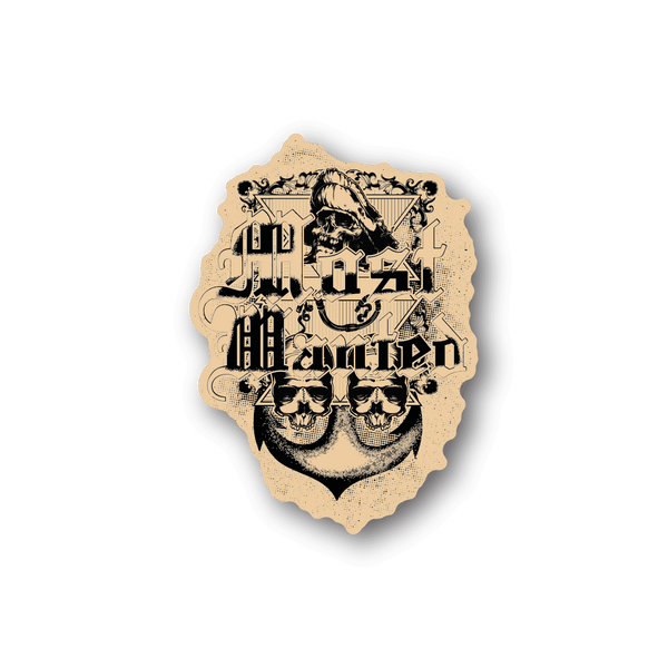Skeleton most wanted vinyl sticker with two skulls and ornate lettering