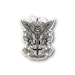 Vinyl sticker with skeleton pope illustration and wings, dark outline, bold lettering