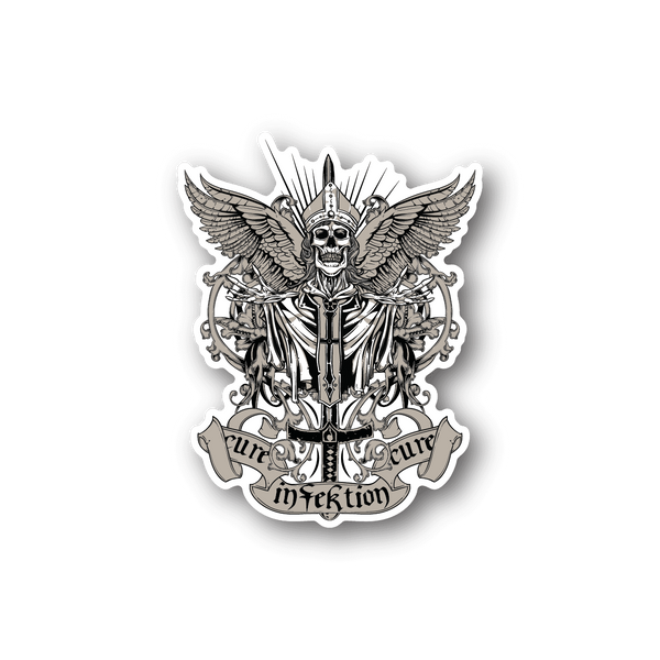 Vinyl sticker with skeleton pope illustration and wings, dark outline, bold lettering