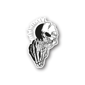 Praying skull vinyl sticker with hands clasped and white outline