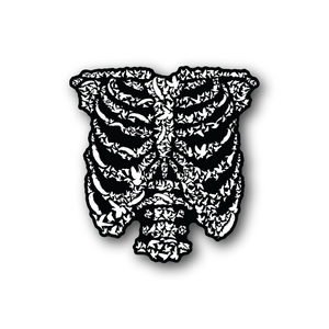 Vinyl sticker of white skeleton ribcage with bird collage pattern